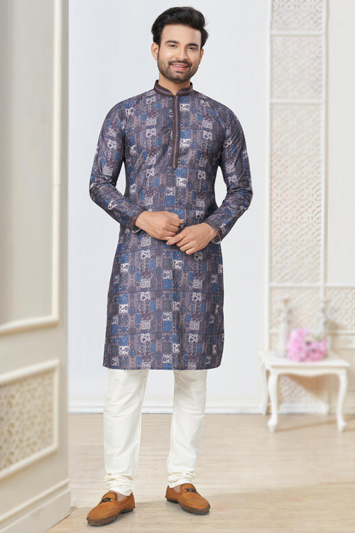 Purple Grey Printed Cotton Straight Cut Men's Kurta Churidar