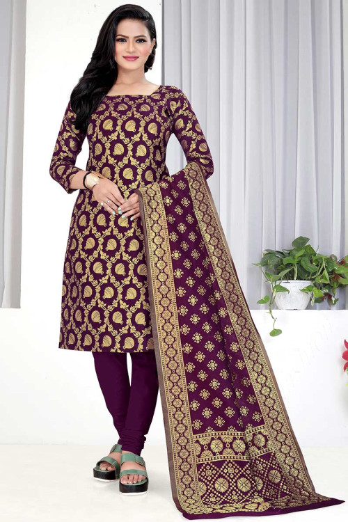 Purple Jacquard Indian Churidar Suit With Woven Zari Work