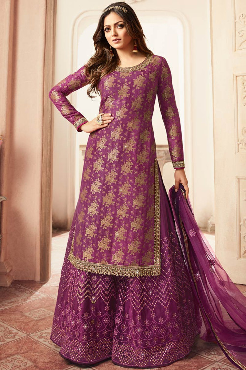 Purple Jacquard Silk Sharara Suit With Zari Work