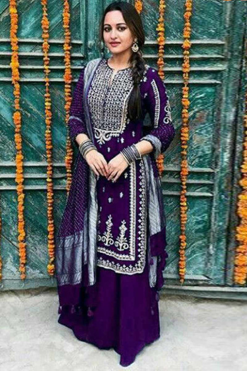 Purple Georgette Sharara Suit with Embroidery Work 