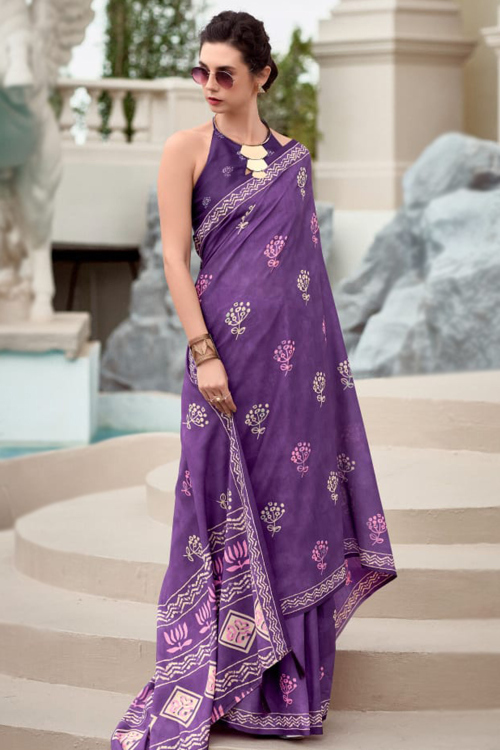 Purple Lightweight Printed Cotton Silk Casual Wear Saree