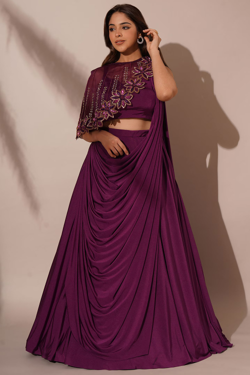 Purple Lycra Indo-Western A-Line Lehenga with Cutdana Work for Wedding