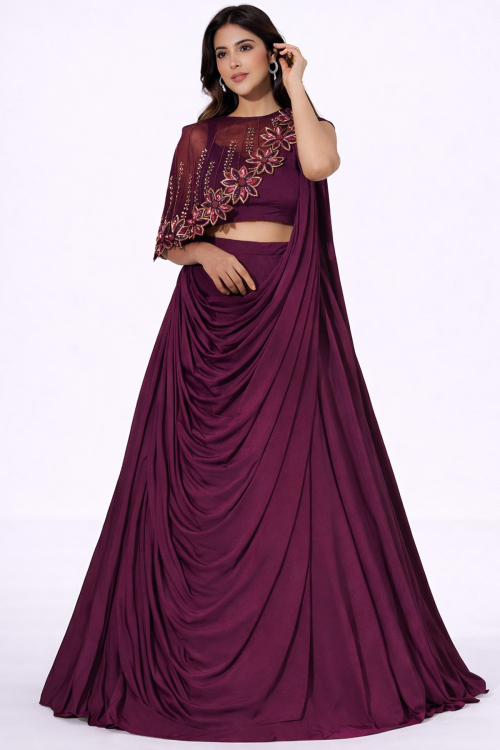 Purple Lycra Indo-Western A-Line Lehenga with Cutdana Work for Wedding