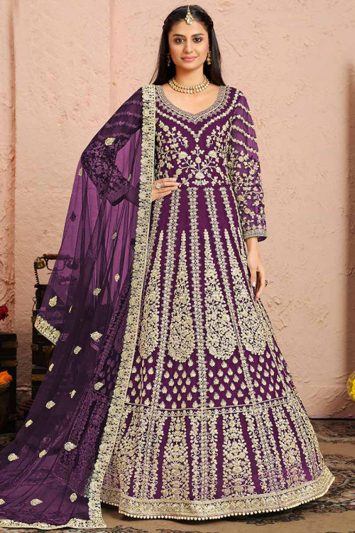 Purple Net Floor Length Anarkali Suit With Dori Work