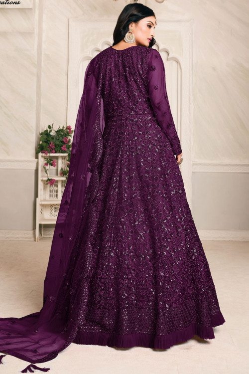 Purple Fashionable Thread Work Anarkali Suit LSTV09465