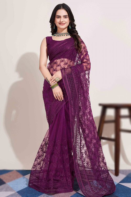 Purple Net Thread Embroidery Light Weight Saree