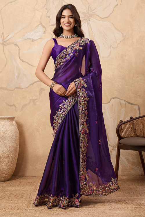Purple Organza Sequins Embroidered Light Weight Saree 