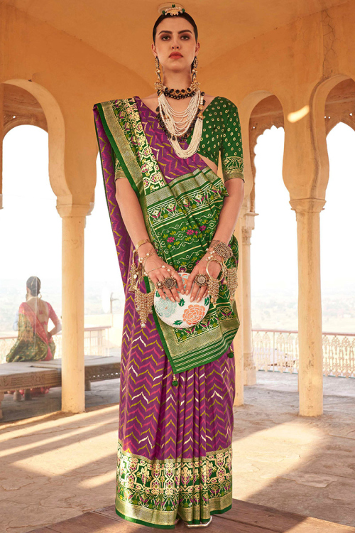 Purple Plum Patola Silk Saree with Dark Green Patola Silk Blouse