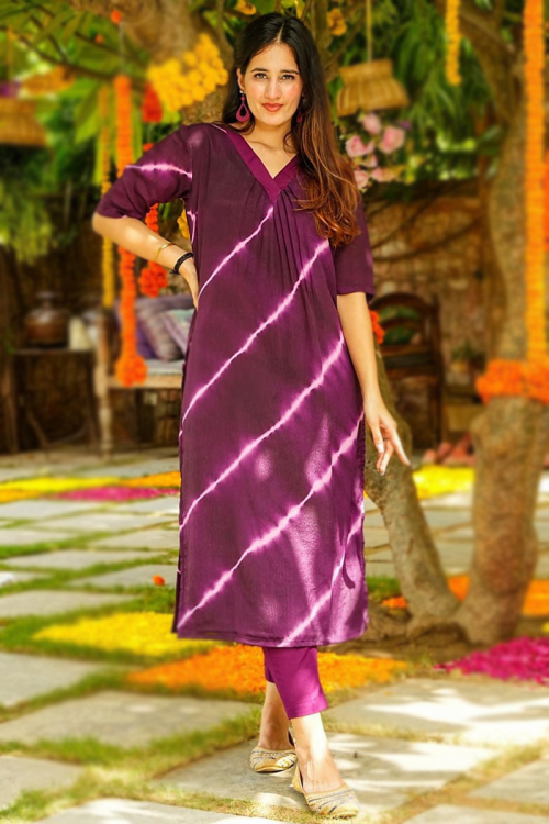Purple Printed Casual Wear Cotton Muslin Trouser Suit