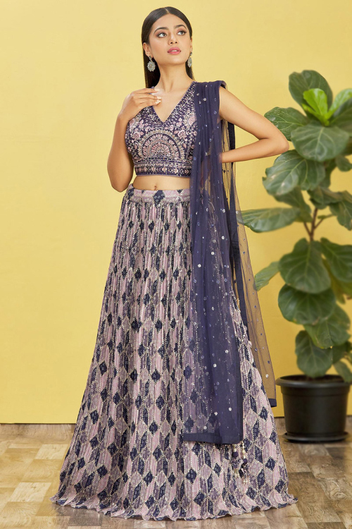 Purple Printed Chinnon Sangeet Lehenga With Embroidery 