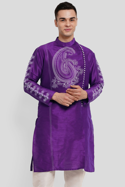 Purple Printed Dupion Silk Men's Kurta For Sangeet 