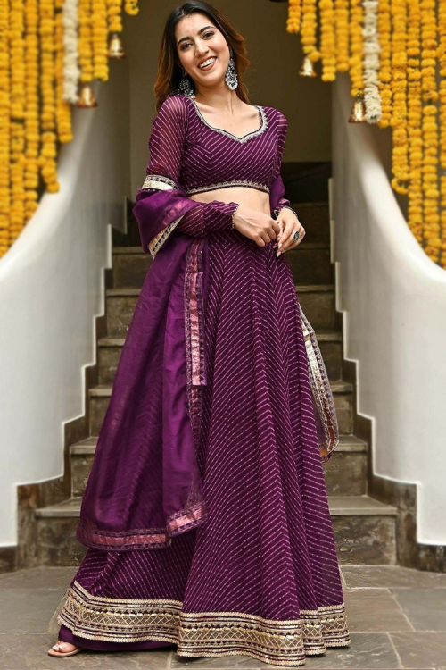 Purple Printed Georgette Flared Style Lehenga