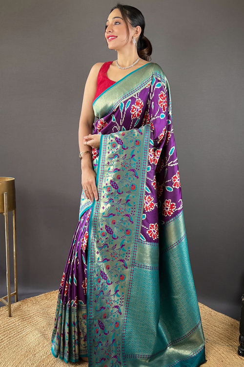 Purple Saree Cotton Silk Weaved Broad Border Saree 