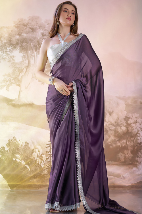 Purple Satin Festival Wear Contemporary Saree 