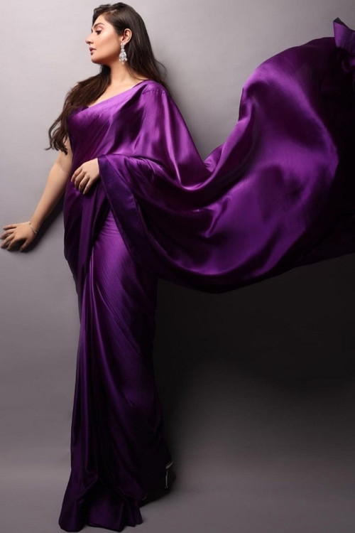 Purple Satin Plain Party Wear Saree