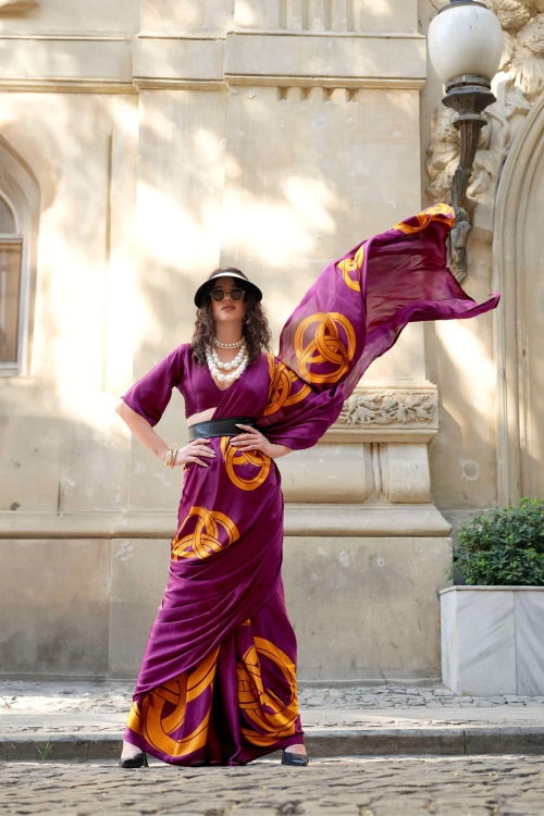 Purple Satin Printed Light Weight Saree 
