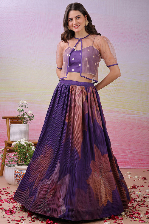 Purple Satin Silk Flared Lehenga With Printed Work