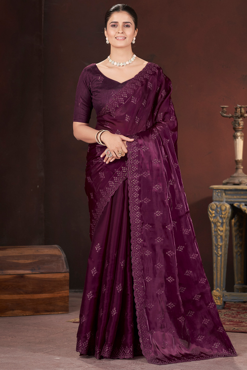 Purple Sequins Embroidered Shimmer Organza Saree