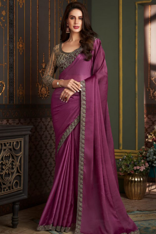 Purple Sequins Embroidered Wedding Wear Soft Silk Saree 