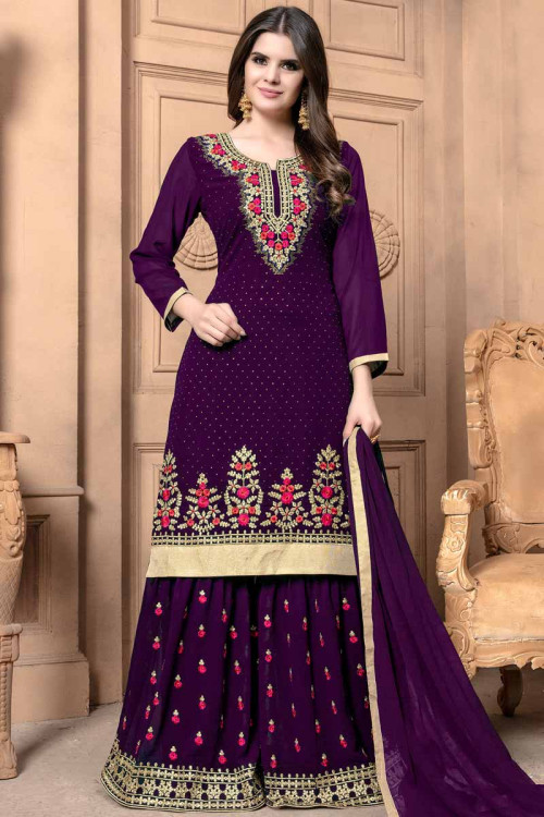 Luxurious Faux Georgette Sharara Suit In Purple Color 