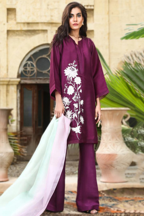 Purple Silk Embroidered Pakistani Trouser Suit