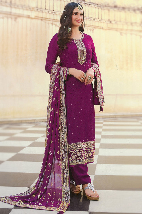 Purple Silk Embroidered Straight Pant Suit