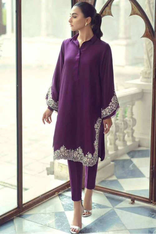 Purple Silk Pant Style Indian Suit With Resham Work