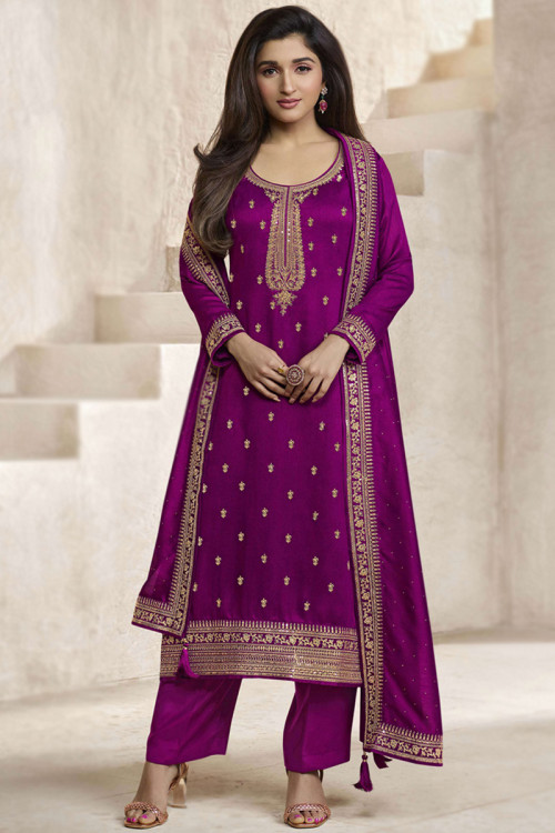 Purple Silk Sequins Embroidered Straight Cut Suit