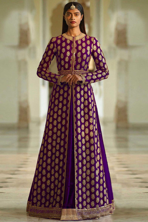 Purple Silk Jacket Style Lehenga With Zari Work