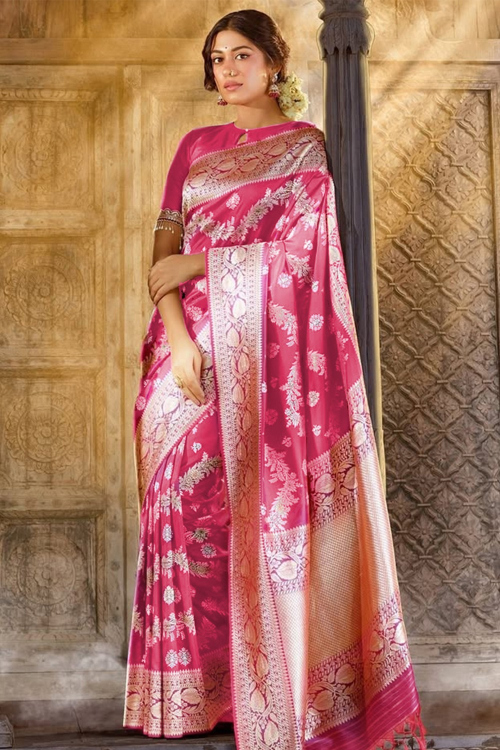 Magnificent Dark Pink Silk Woven Zari Border Saree
