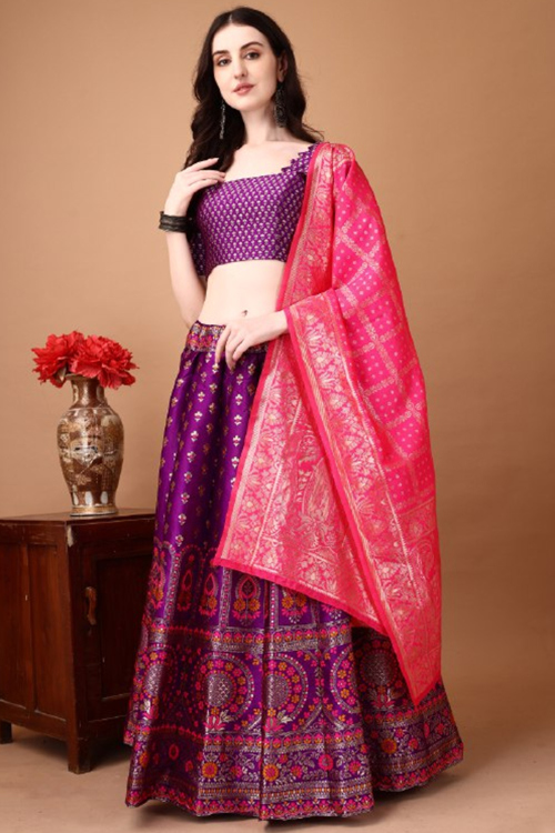 Purple Silk Woven Zari Panelled Style Lehenga