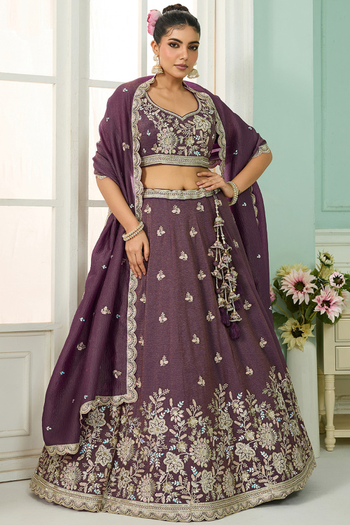 Purple Tissue Resham Thread A Line Lehenga