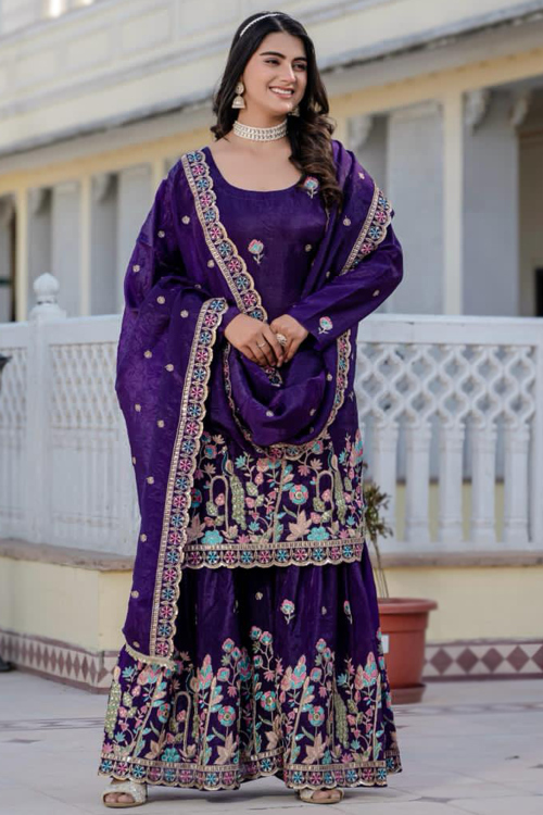 Purple Tissue Silk Gharara Suit With Zari Work For Festival