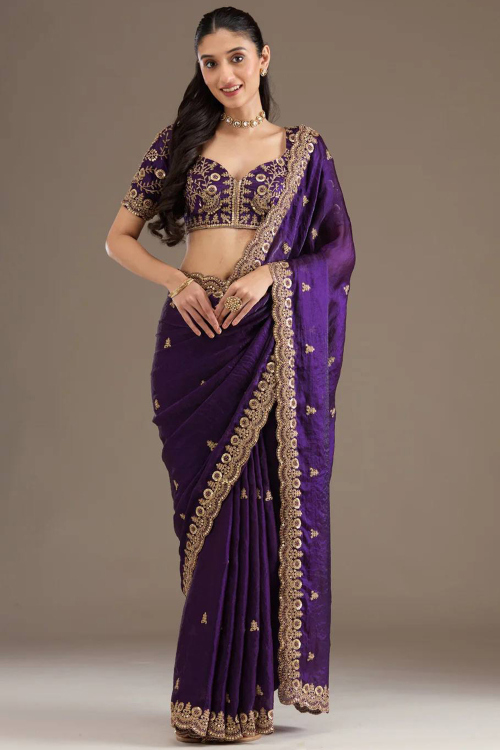 Purple Tissue Silk Shimmer Saree With Dori Work For Festival