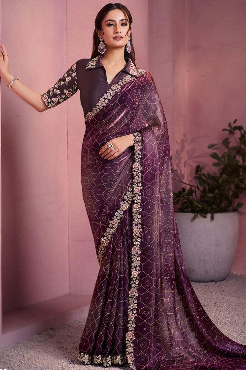 Purple Tissue Silk Shimmer Saree With Printed Work