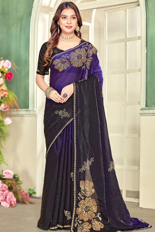 Purple Tissue Silk Shimmer Saree With Stone Work For Festival