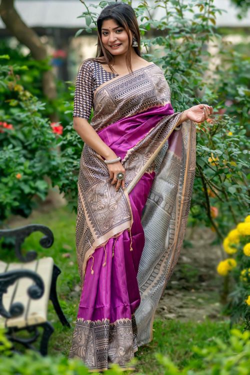 Purple Tussar Silk Madhubani Printed Saree
