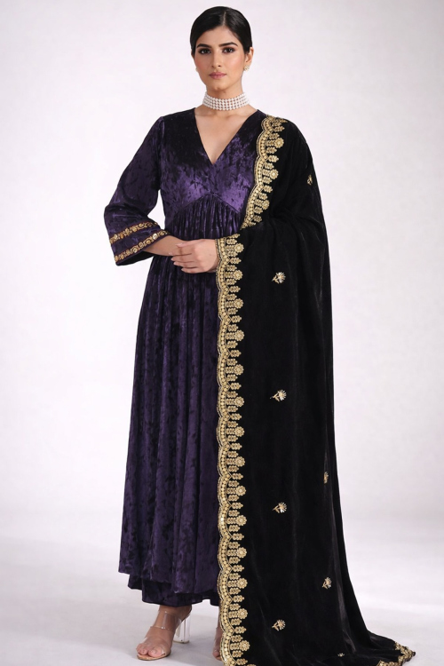 Dark Purple Velvet Lace Work Pakistani Style Trouser Suit for Wedding