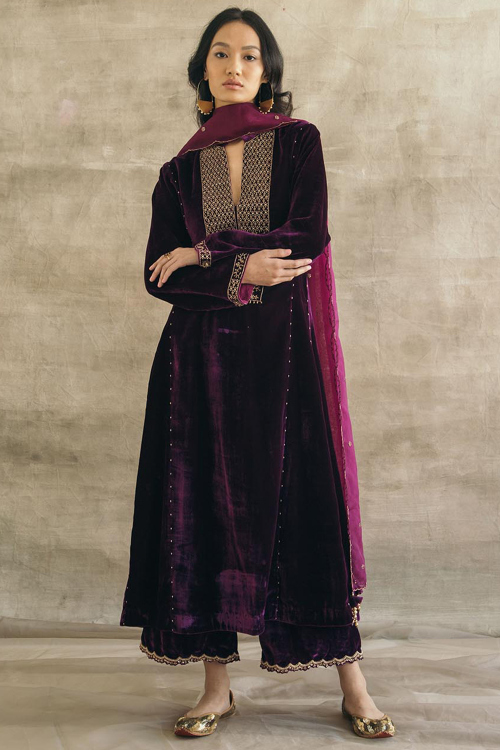 Purple Velvet Palazzo Suit With Cutdana Embroidered For Festival 