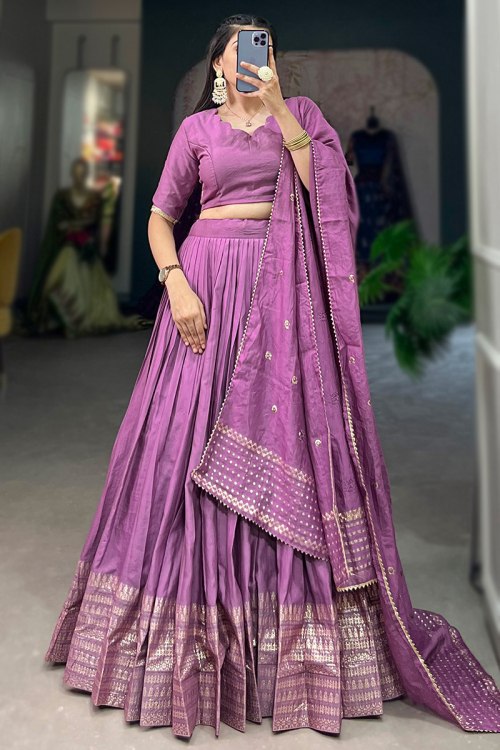 Purple Weaved Zari Chanderi Flared Style Lehenga For Sangeet 