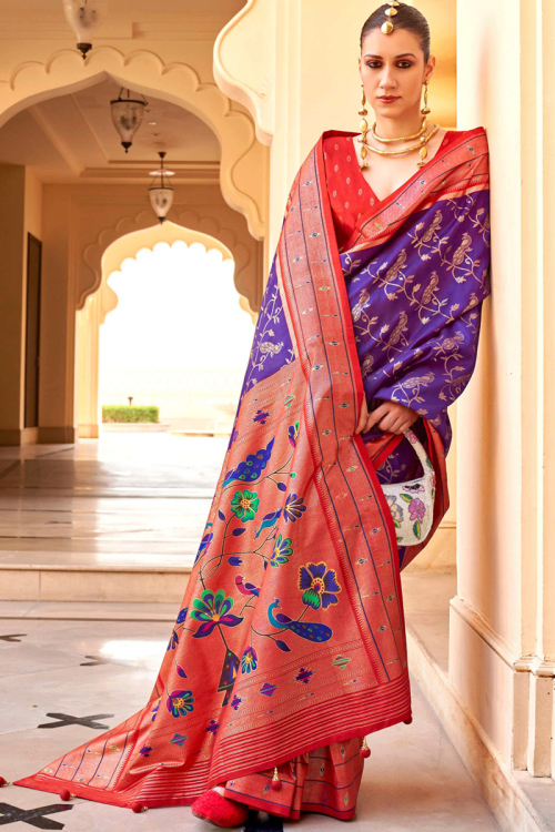Purple Weaved Zari Paithani Silk Broad Border Saree 