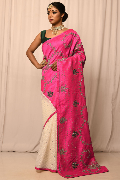 Rani Pink And Cream Silk Embroidered Saree