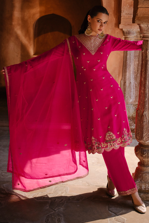 Rani Pink Art Silk Dori Work Straight Cut Trouser Suit 