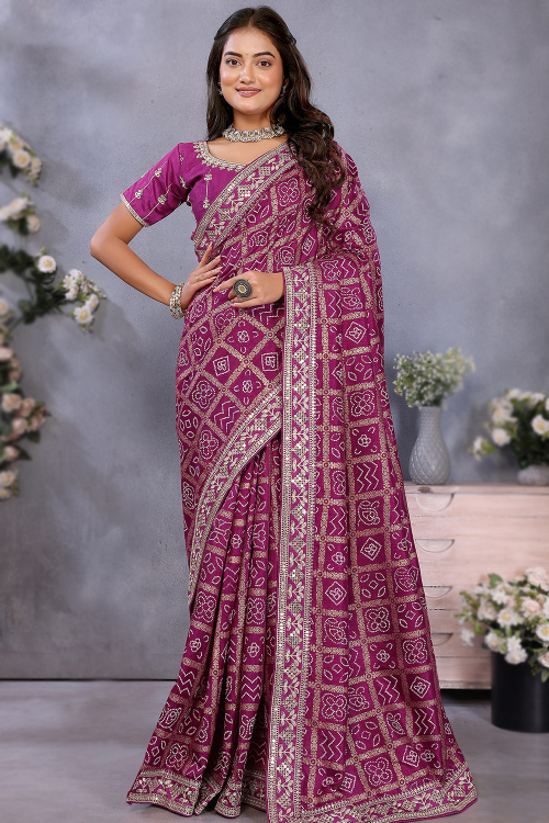 Rani Pink Art Silk Saree With Printed Work For Festival