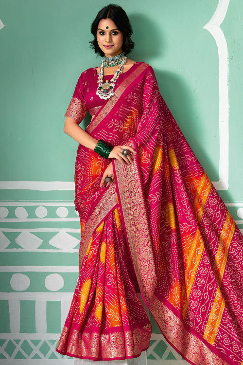 Rani Pink Art Silk Woven Zari Saree For Festival