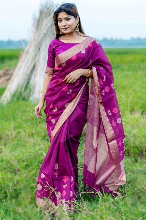 Rani Pink Casual Wear Linen Weaved Broad Border Saree 