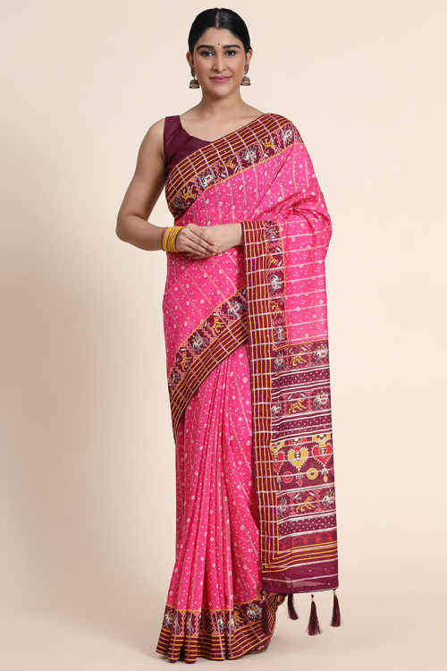 Rani Pink Chanderi Cotton Printed Saree