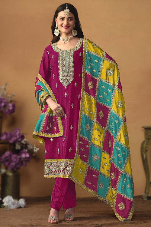 Rani Pink Chinnon Straight Cut Embroidered Trouser Suit