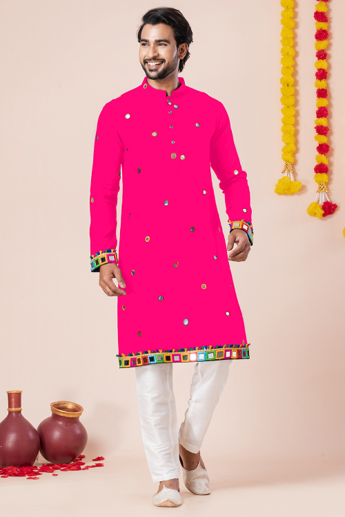 Rani Pink Cotton Silk Men&#039;s Kurta Pajama With Mirror Work For Festival