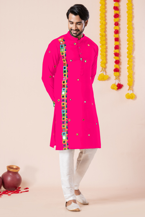 Rani Pink Cotton Silk Men&#039;s Kurta Pajama With Faux Mirror Work For Festival